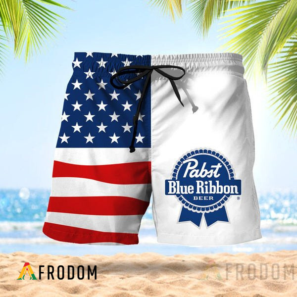 Vintage USA Flag Fourth Of July Pabst Blue Ribbon Hawaiian Shorts PBR Swim Trunks HU