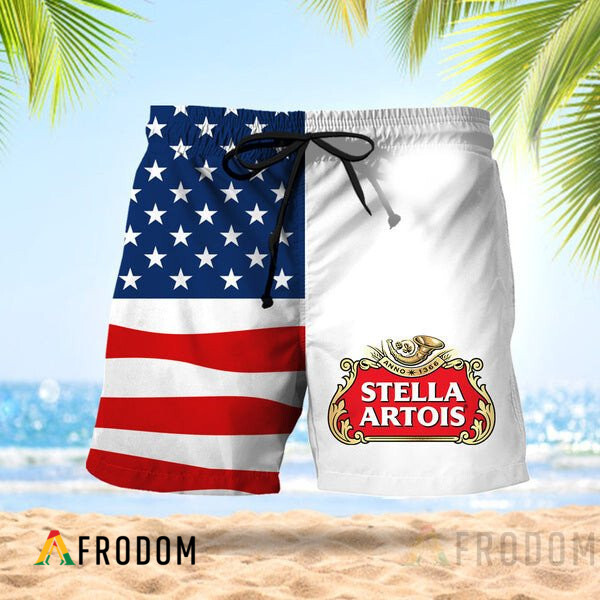 Vintage USA Flag Fourth Of July Stella Artois Hawaiian Shorts HU