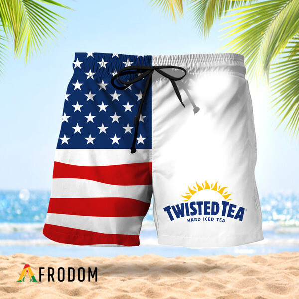 Vintage USA Flag Fourth Of July Twisted Tea Hawaiian Shorts HU