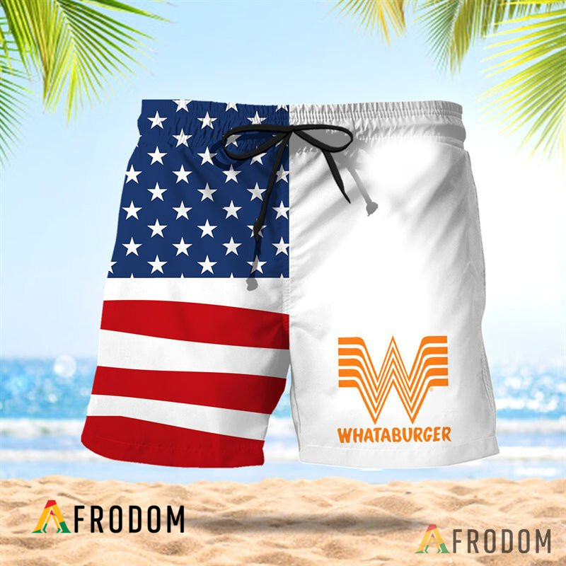 Vintage USA Flag Fourth Of July Whataburger Hawaiian Shorts HU
