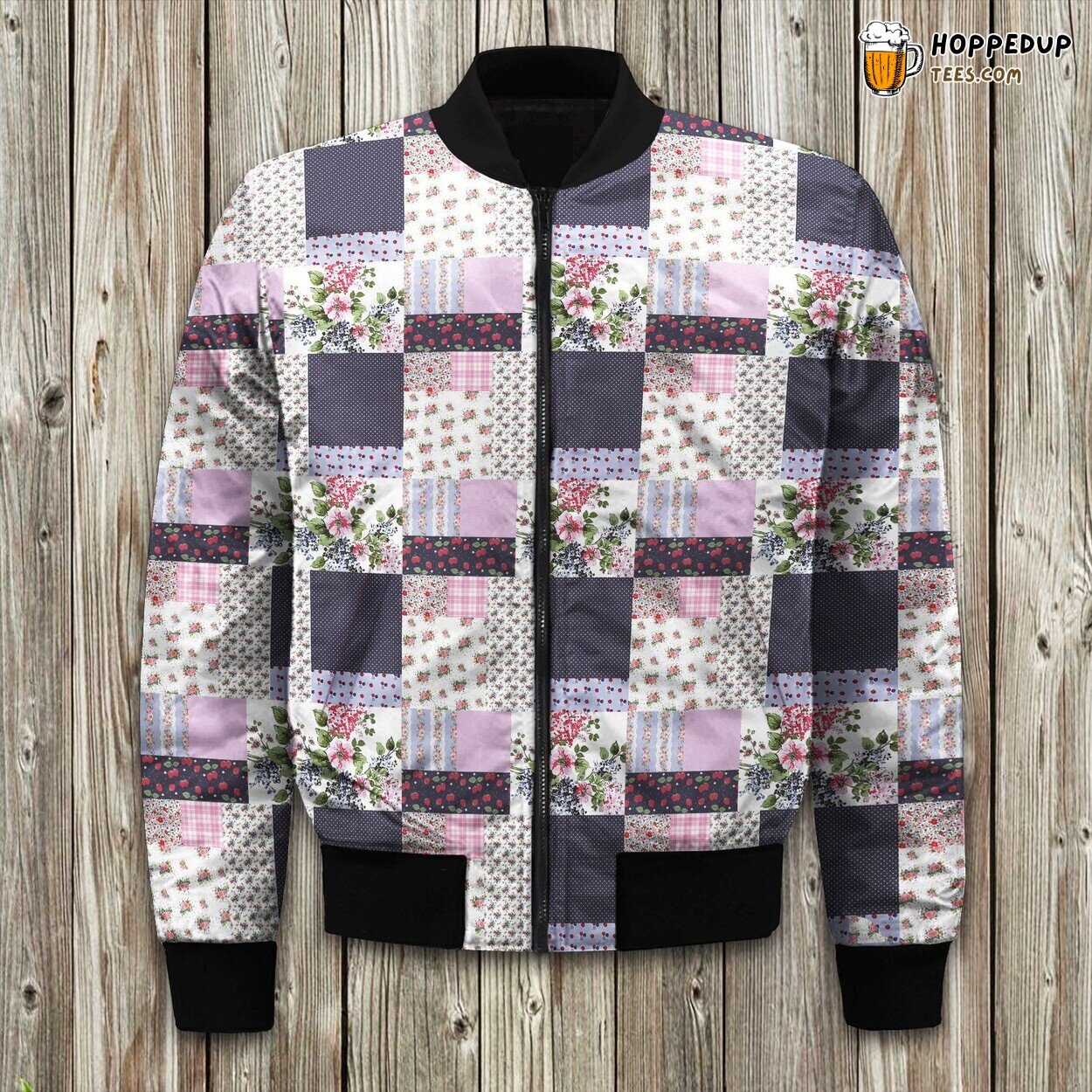 Violet Flower Patchwork Prints Bomber Jacket