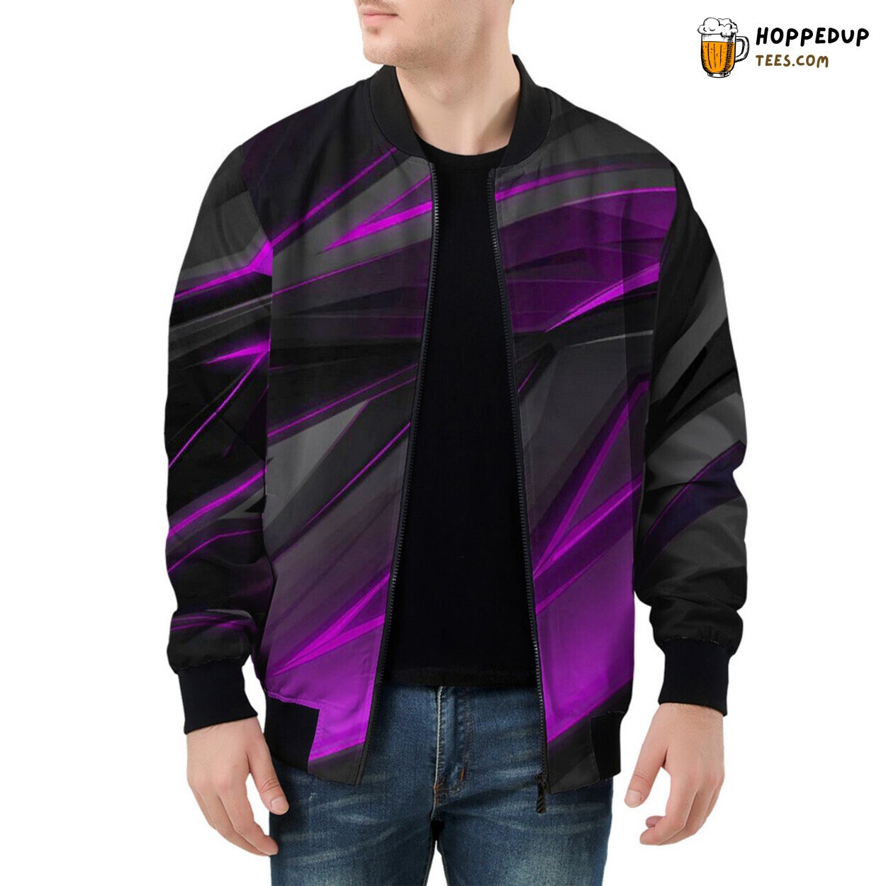 Violet Stripes Craft Geometric Magic on Men’s Bomber Jacket Fabric