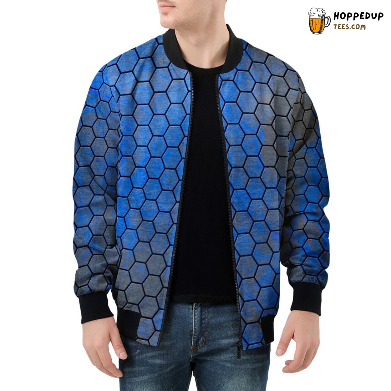 Vivid Blue Hexagonal Patterns Dominate Men’s Bomber Jacket