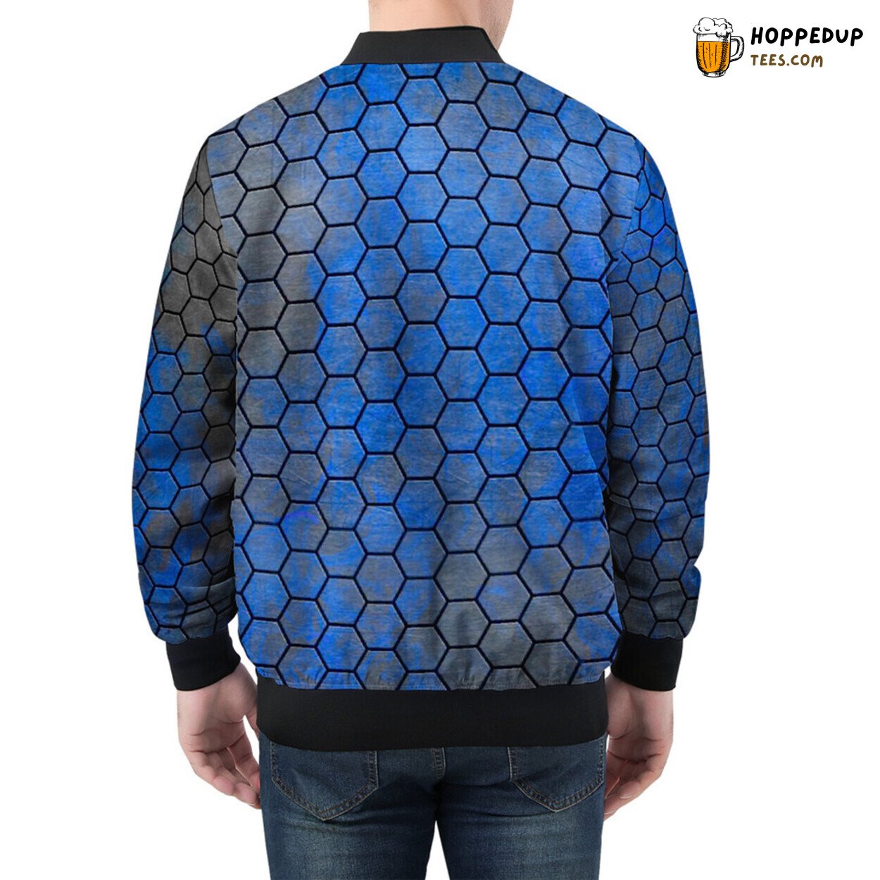 Vivid Blue Hexagonal Patterns Dominate Men’s Bomber Jacket