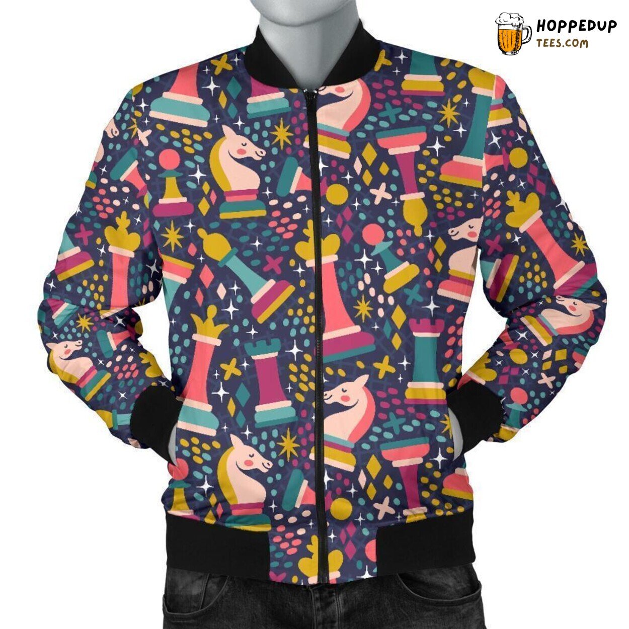 Vivid Chess Hues Men’s Bomber Jacket Showcasing Unique Pattern Design Art