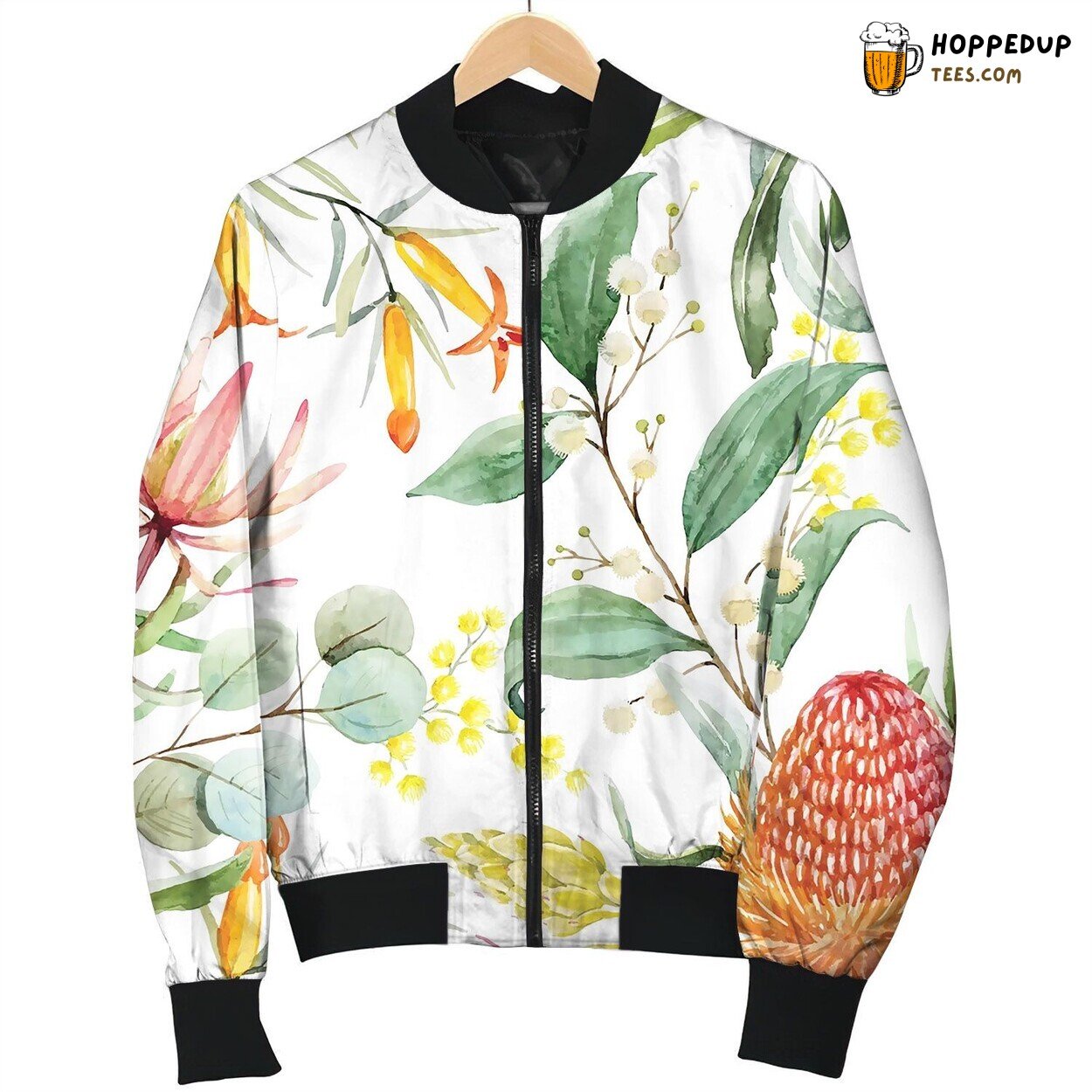 Watercolor Australian Banksia Pattern Bomber Jacket