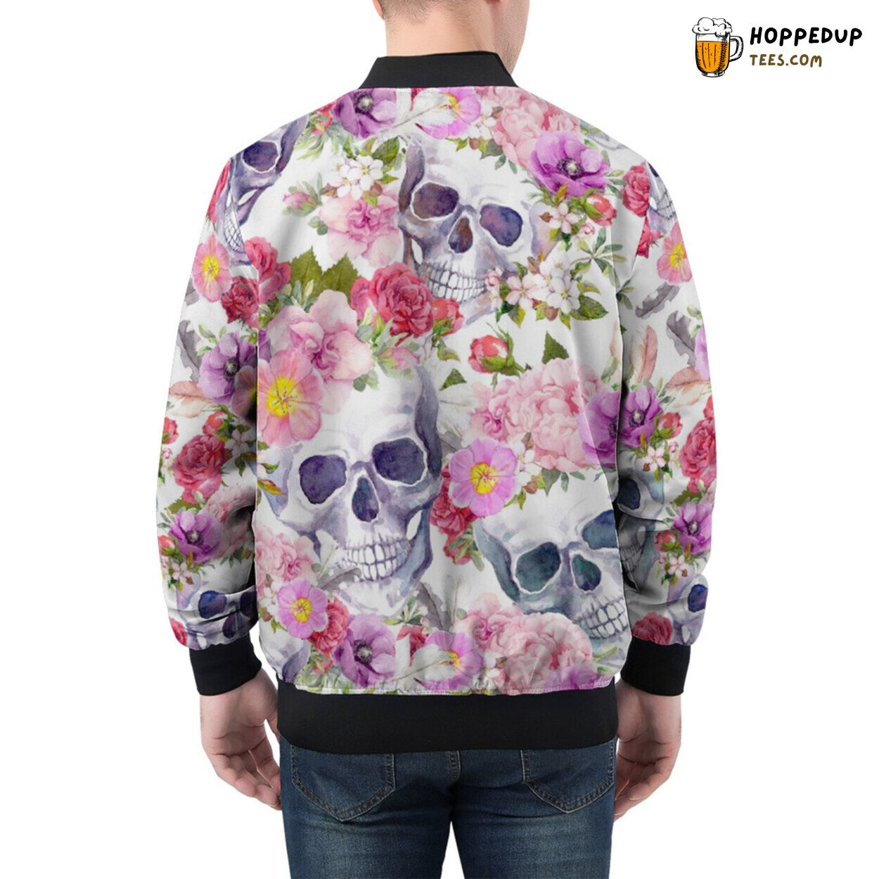 Watercolor Embrace of Skulls Entwined by Roses Men’s Bomber Jacket