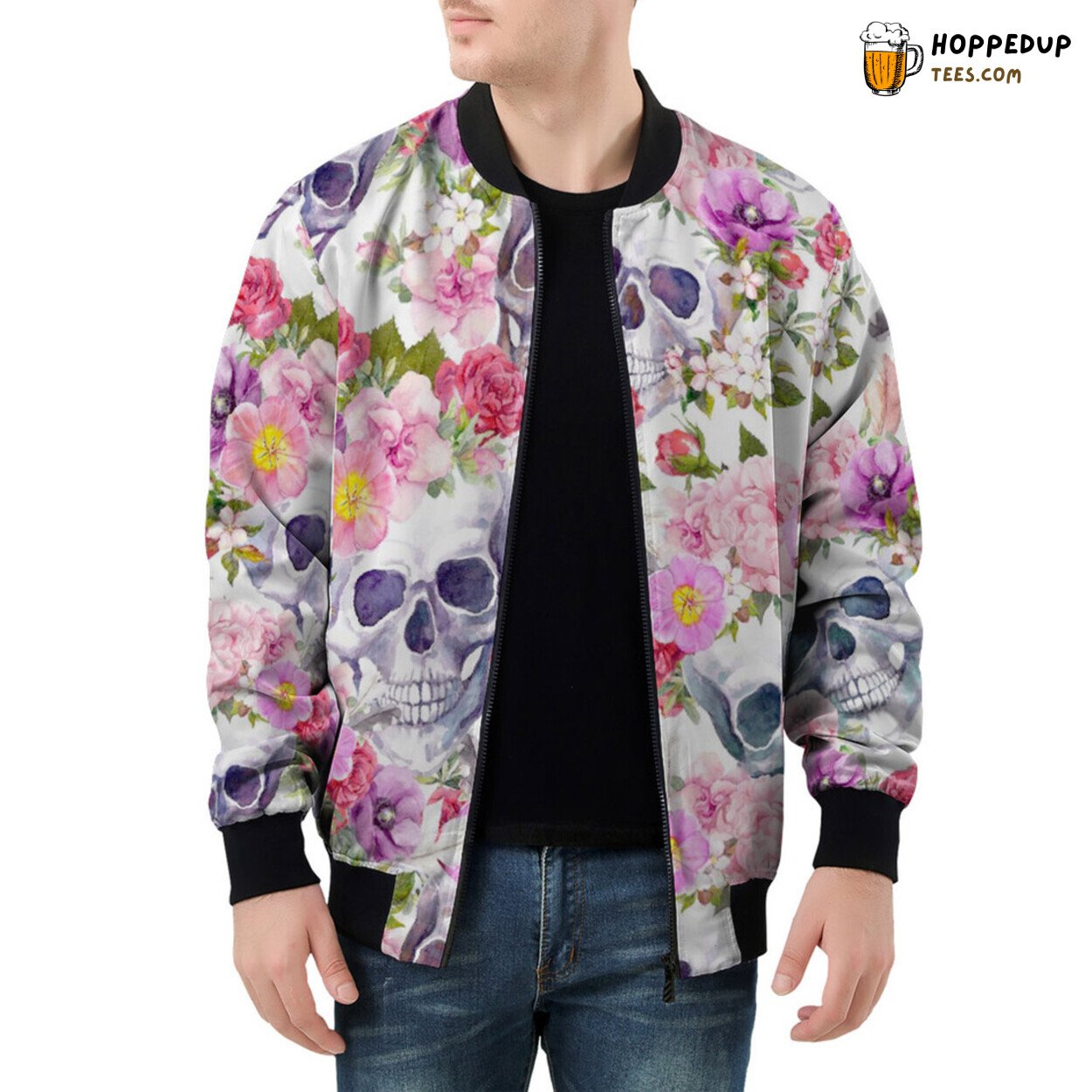 Watercolor Embrace of Skulls Entwined by Roses Men’s Bomber Jacket