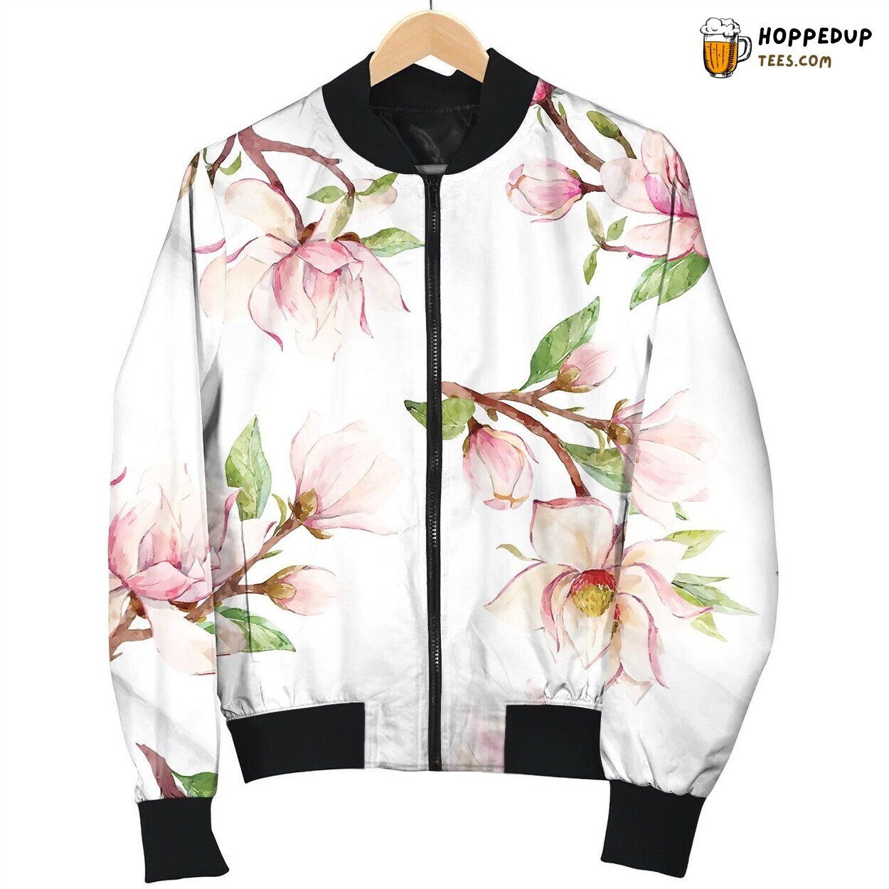 Watercolor Magnolia Floral Pattern Bomber Jacket