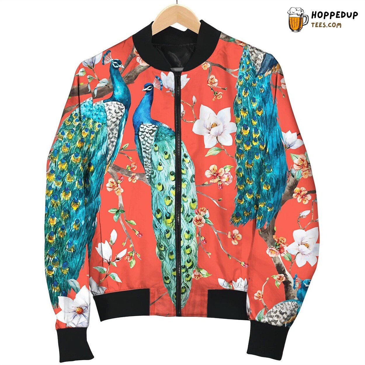 Watercolor Peacock Pattern Bomber Jacket