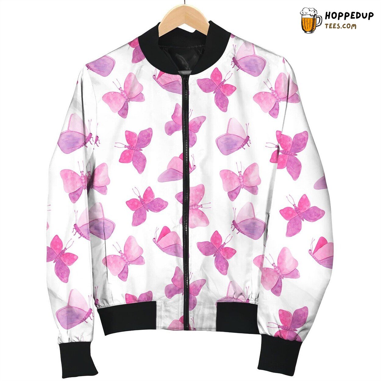 Watercolor Seamless Pattern Pink Butterflies Hand Bomber Jacket