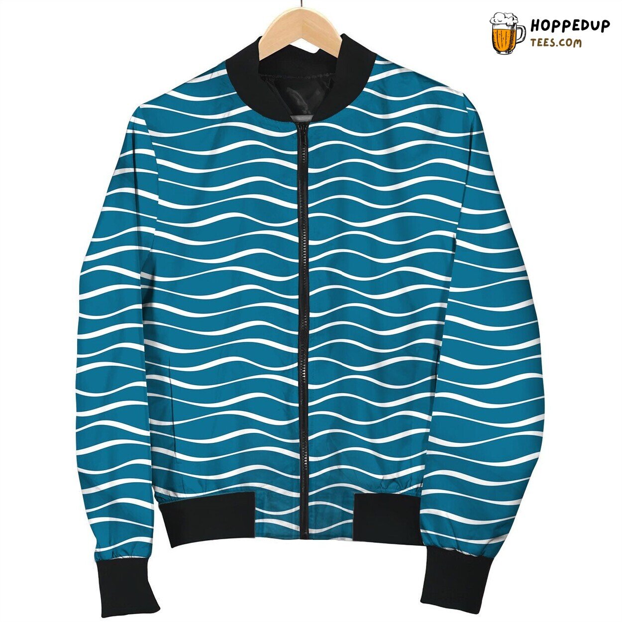 Waves Line Artistry Winter Bomber Jacket Nautical Rhythm Theme