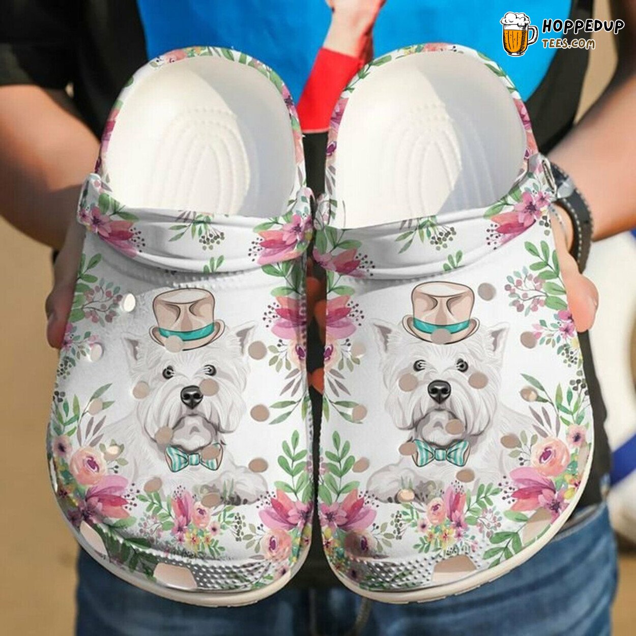 Westie Hipster Flower Themed Rubber Clog Shoes Comfy Footwear for Dog Fans