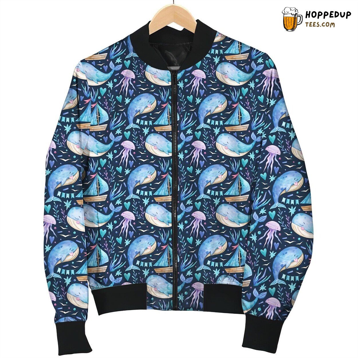 Whale Baby Inspired Winter Bomber Jacket Unique Oceanic Design Theme