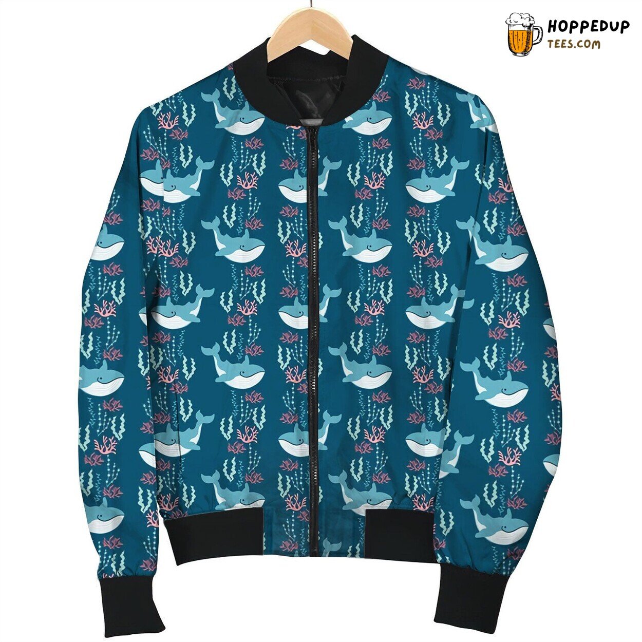 Whale Smile Motif Winter Bomber Jacket Oceans Playful Creature