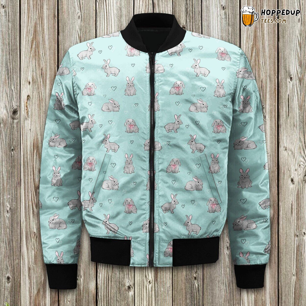 Whimsical Bunny Pattern Winter Bomber Jacket Rabbit Enthusiast’s Delight