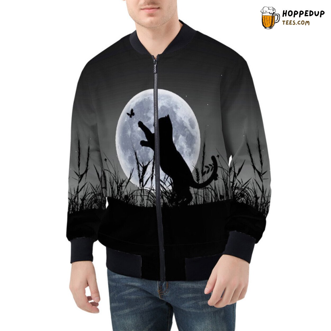Whimsical Charm of Delightful Cat Silhouette Adorning Bomber Jacket