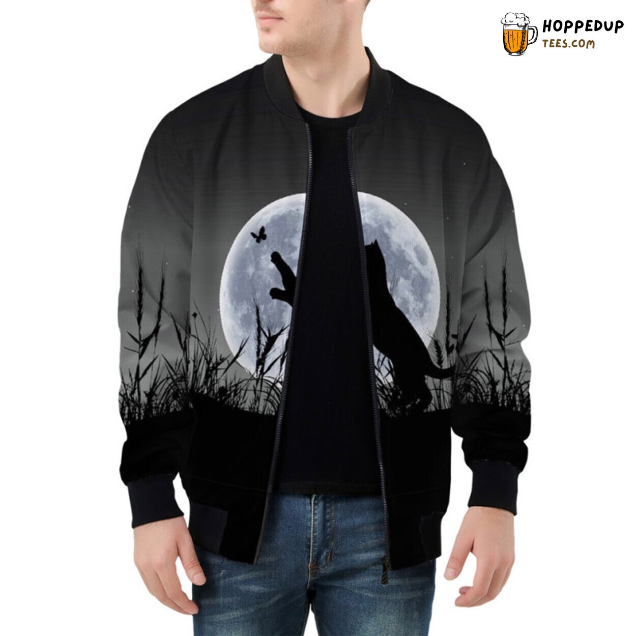Whimsical Charm of Delightful Cat Silhouette Adorning Bomber Jacket