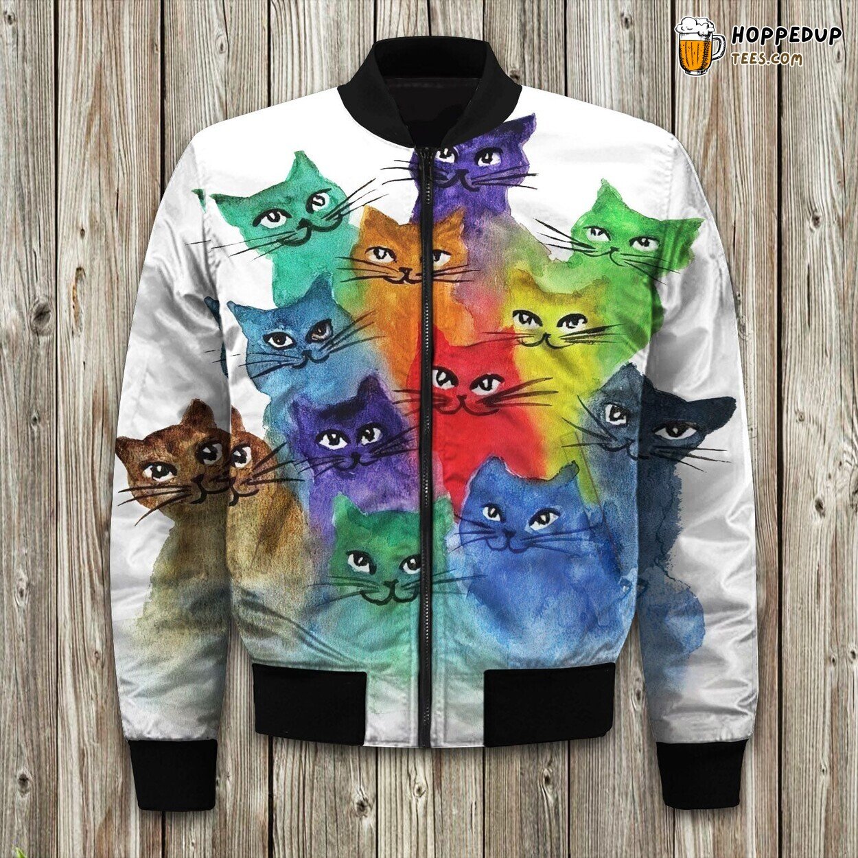 Whimsical Colorful Cat Winter Bomber Jacket Feline Fantasy Warmth