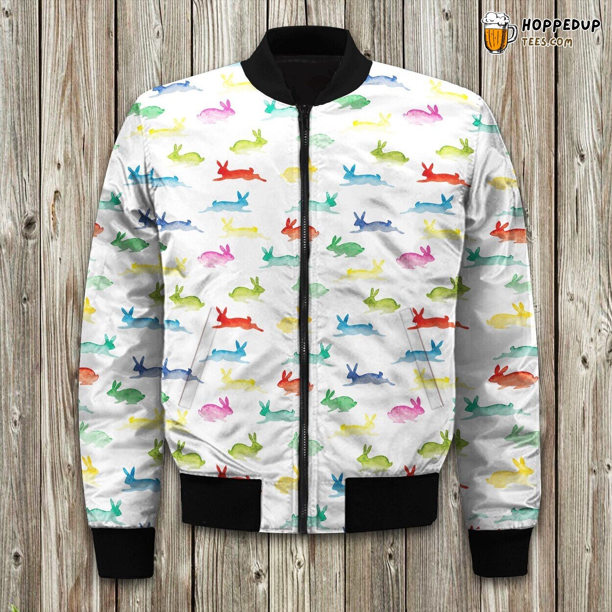 Whimsical Colorful Rabbit Winter Bomber Jacket Superior Padded Comfort
