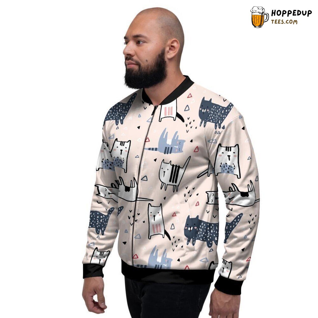 Whimsical Doodle Cat Patterns Display Men’s Bomber Jacket Feline Charm Showcased