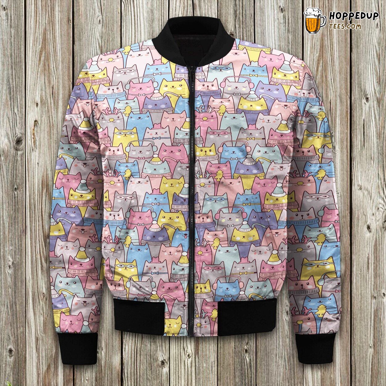 Whiskered Elegance Cat Theme Winter Bomber Jacket Feline Fashion Touch