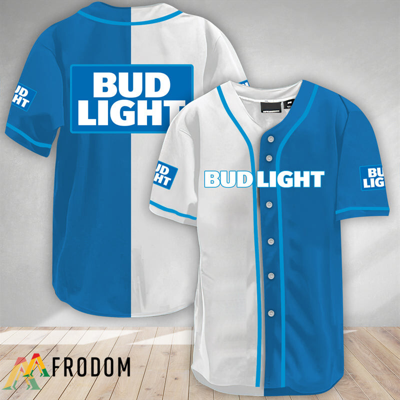 White And Blue Split Bud Light Baseball Jersey HU