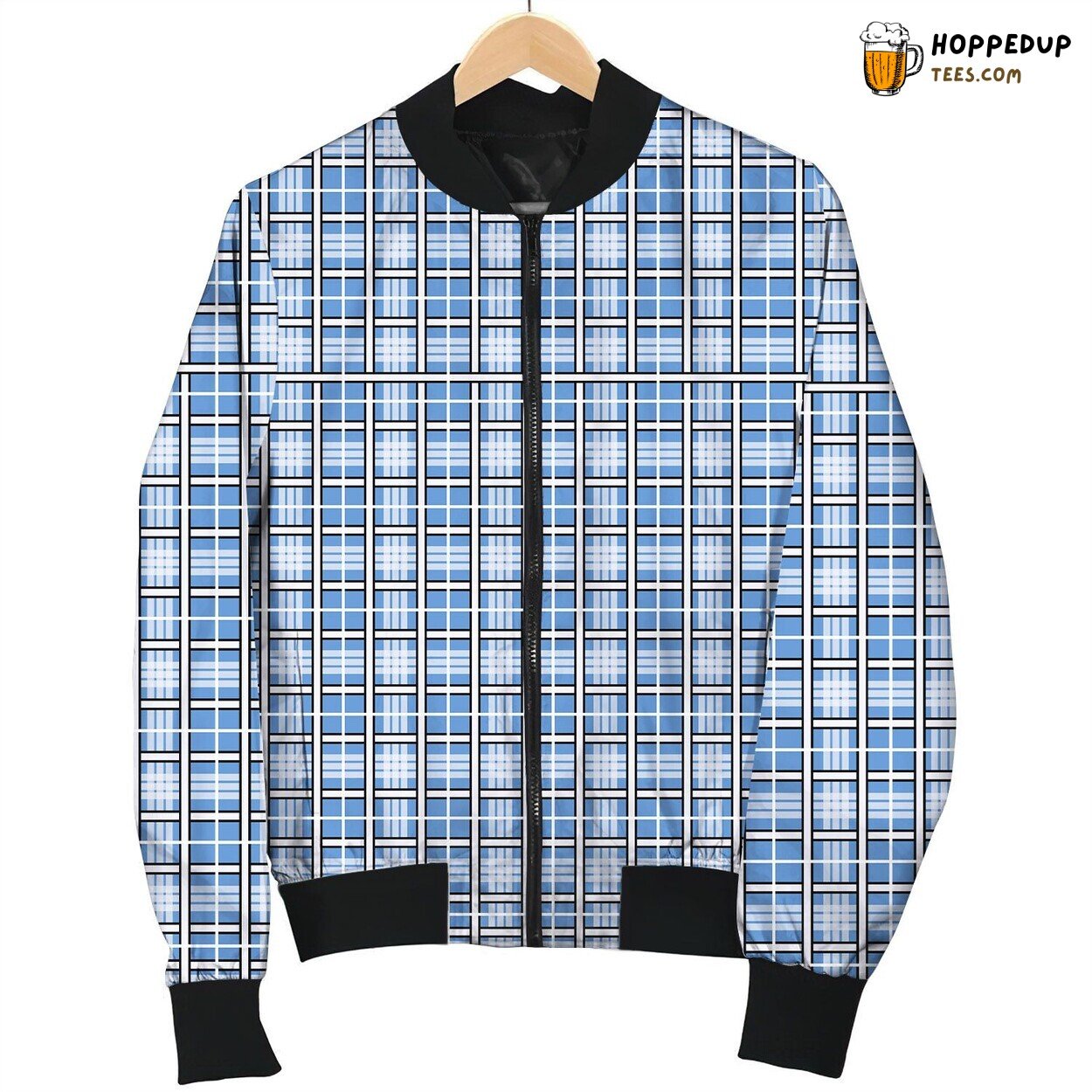 White And Blue Tartan Bomber Jacket