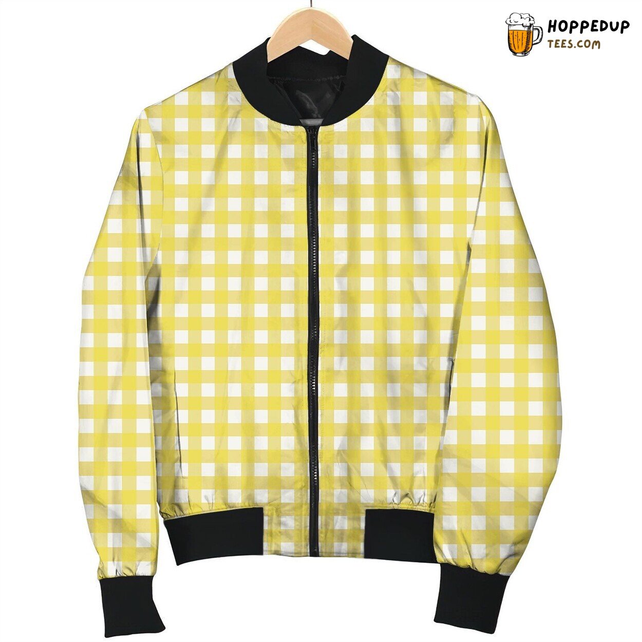White And Yellow Mini Check Pattern Bomber Jacket