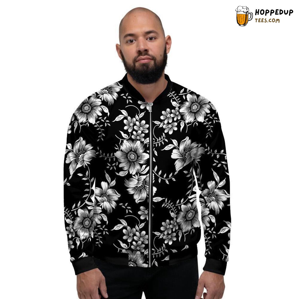 White Black Elegant Floral Print Men’s Bomber Jacket Nature Inspired Artistry