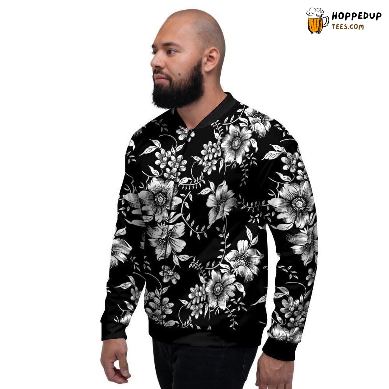 White Black Elegant Floral Print Men’s Bomber Jacket Nature Inspired Artistry