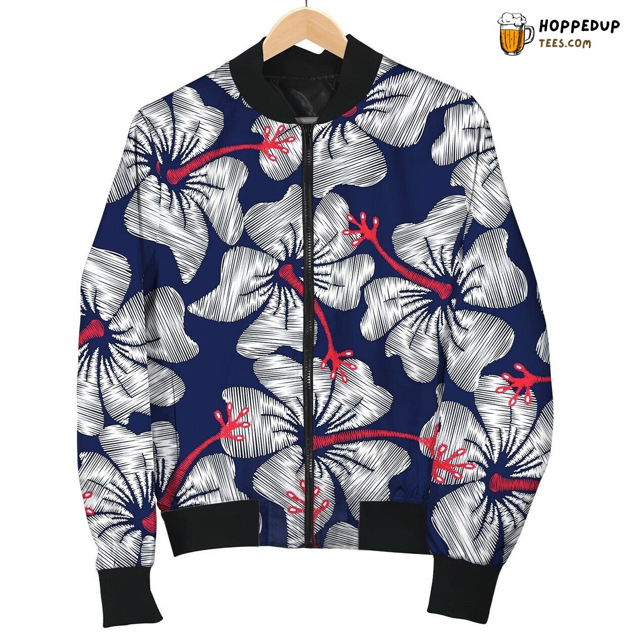 White Hibiscus Tropical Embroidery Floral Seamless Bomber Jacket