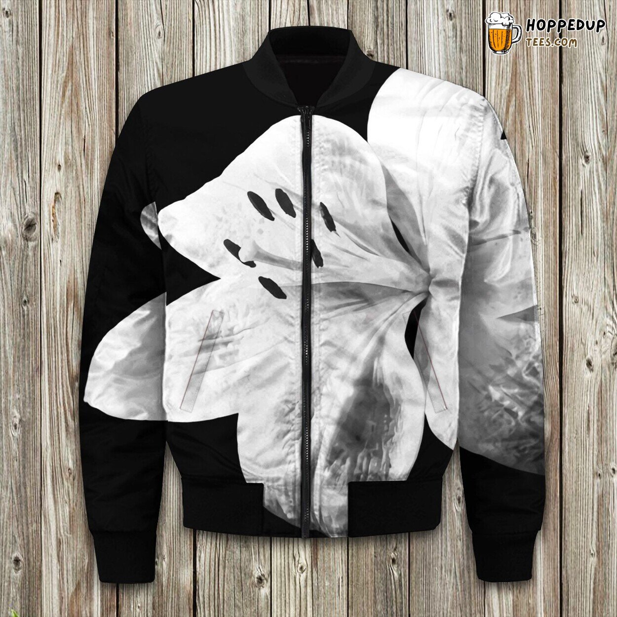 White Lily Black Background Bomber Jacket