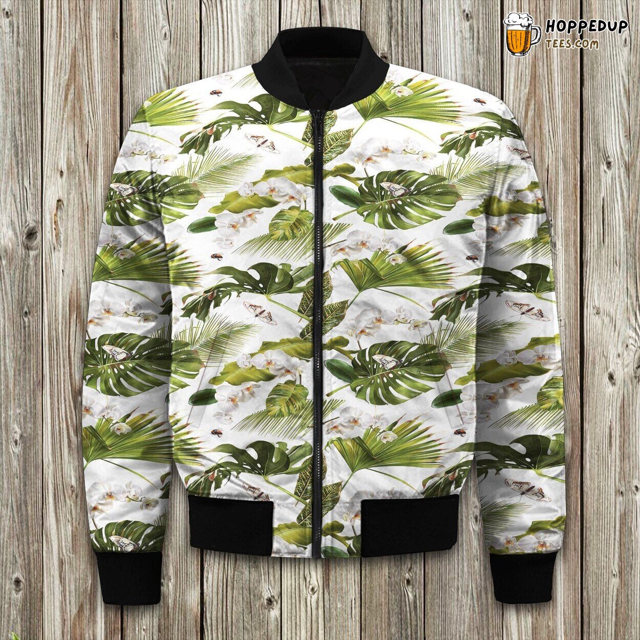 White Orchid Flower Tropical Leaves Bomber Jacket