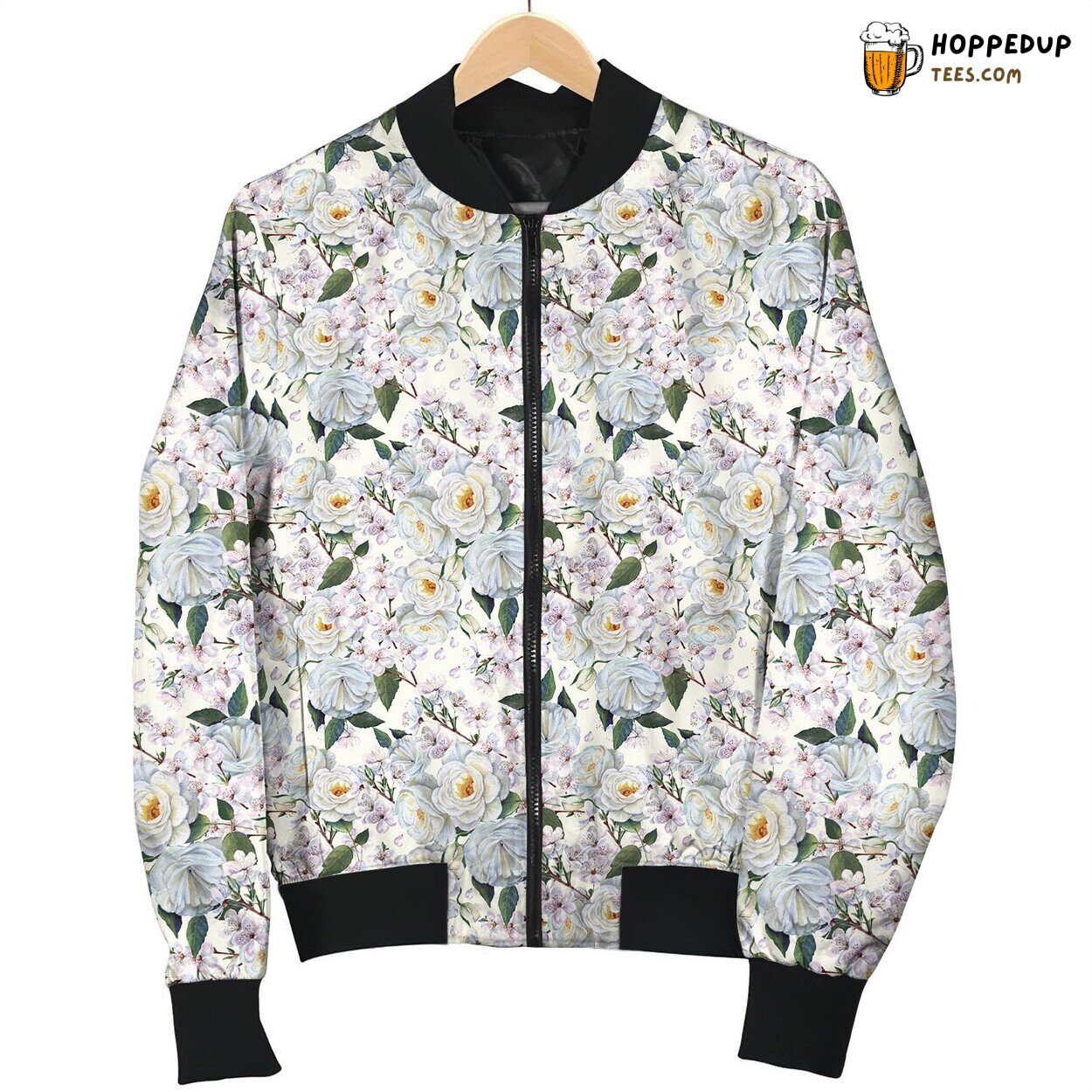 White Peony On Light Background Bomber Jacket