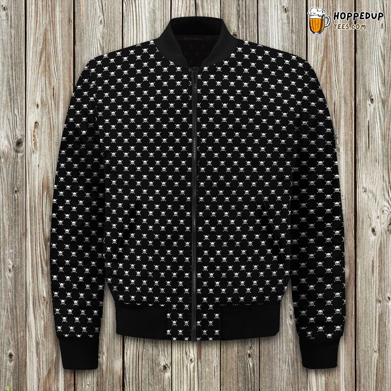 White Skull Crossbones On Black Bomber Jacket