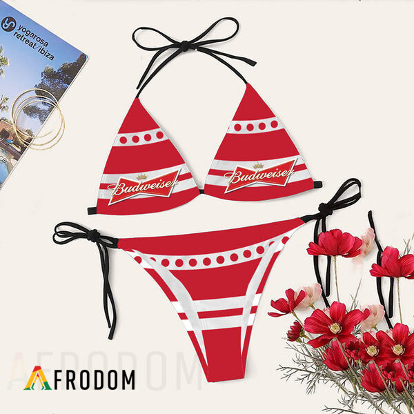White Stripe Budweiser Beer Triangle Bikini Set Swimsuit HU