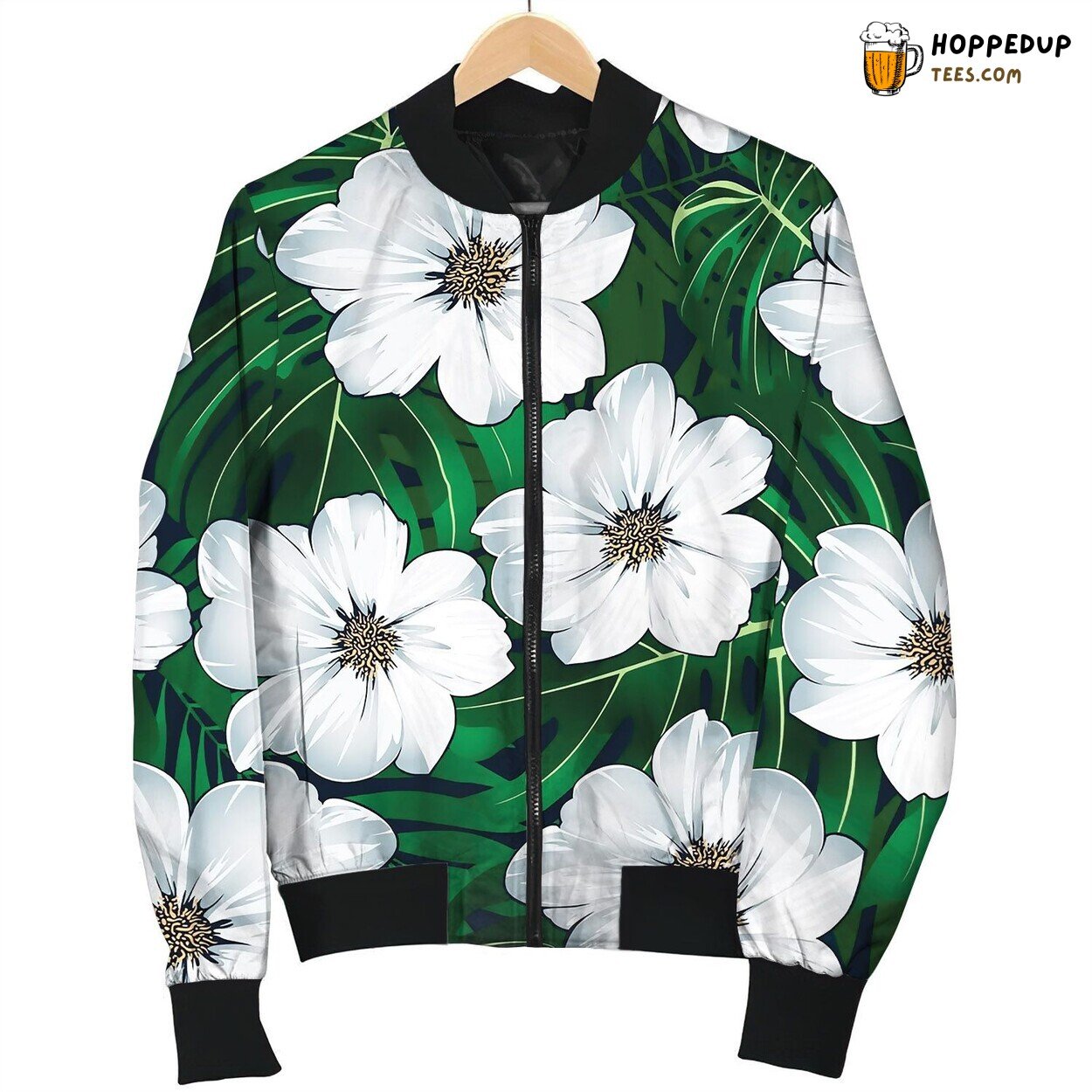 White Tropical Floral Seamless Pattern With Green Bomber Jacket