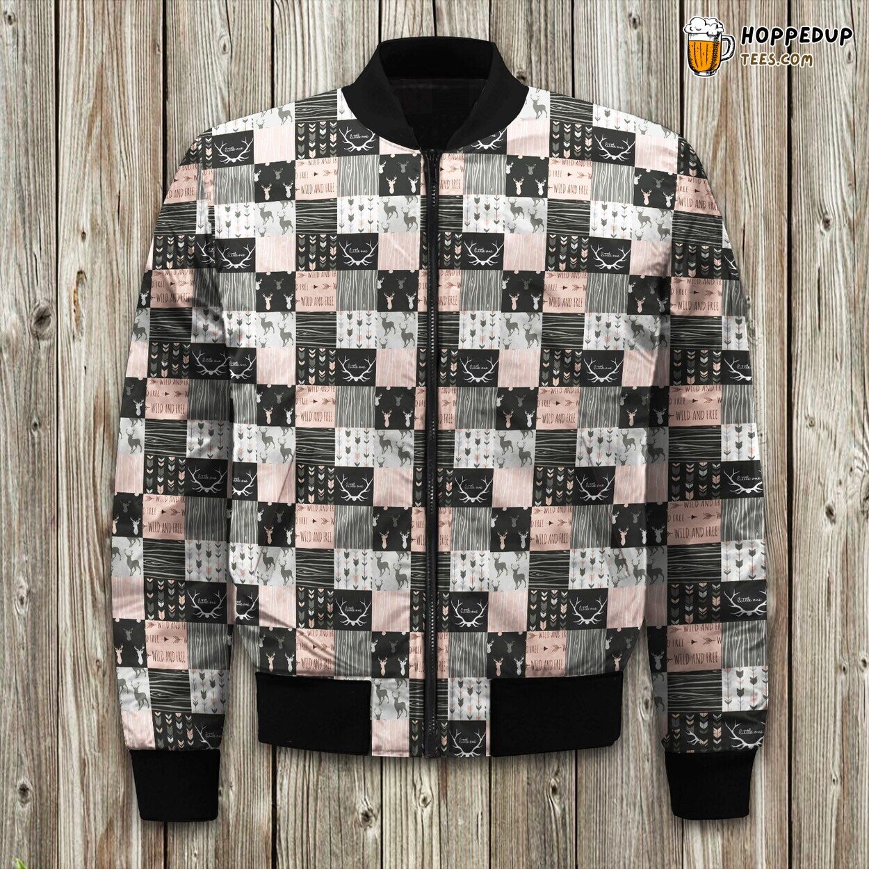 Wholecloth Pink Black Grey Antler Arrows Woodgrain Patchwork Bomber Jacket