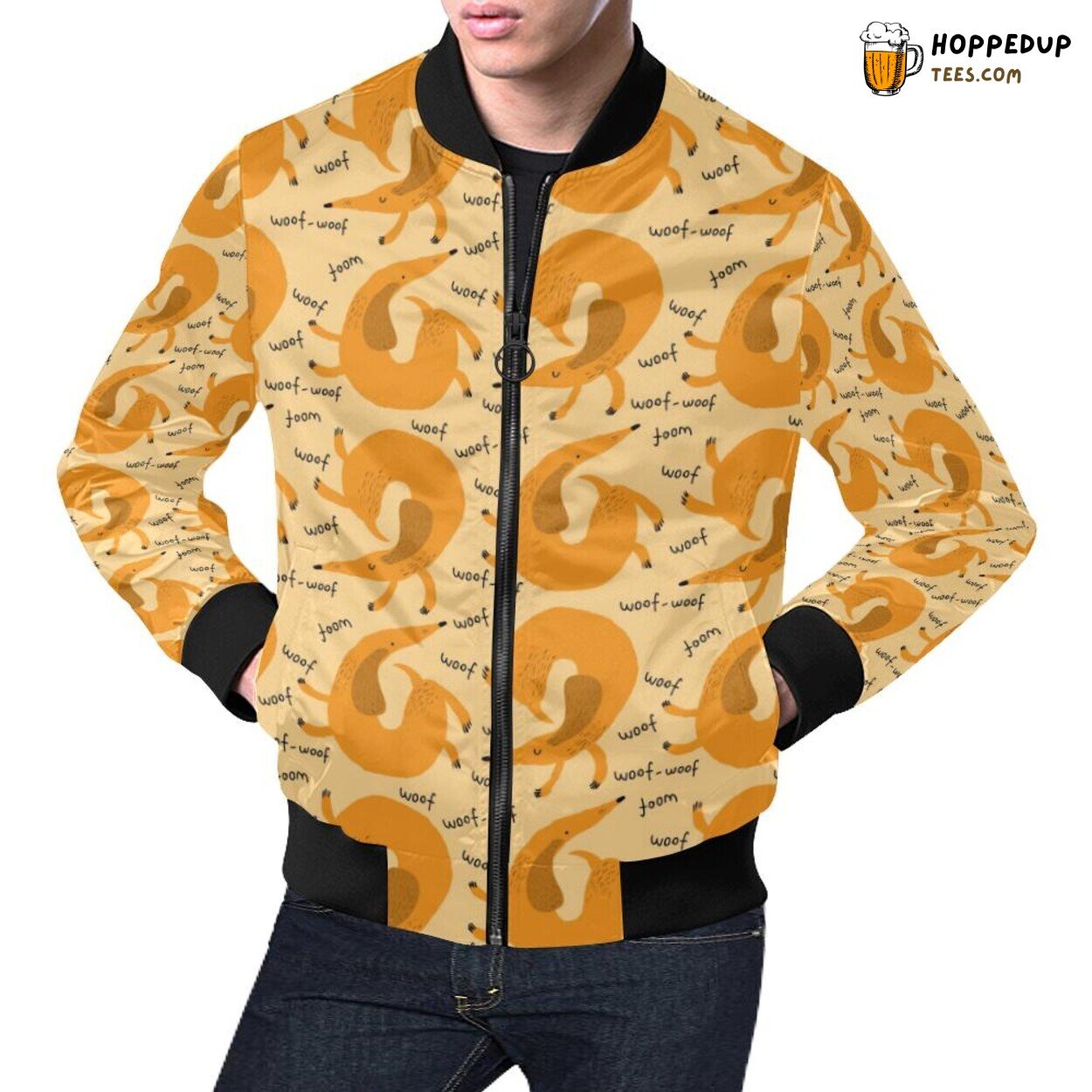 Wiener Dog Dachshund Pattern Woof Woof Men’s Bomber Jacket Unique Look Wiener Dog Dachshund Pattern Woof Woof Men’s Bomber Jacket Unique Look