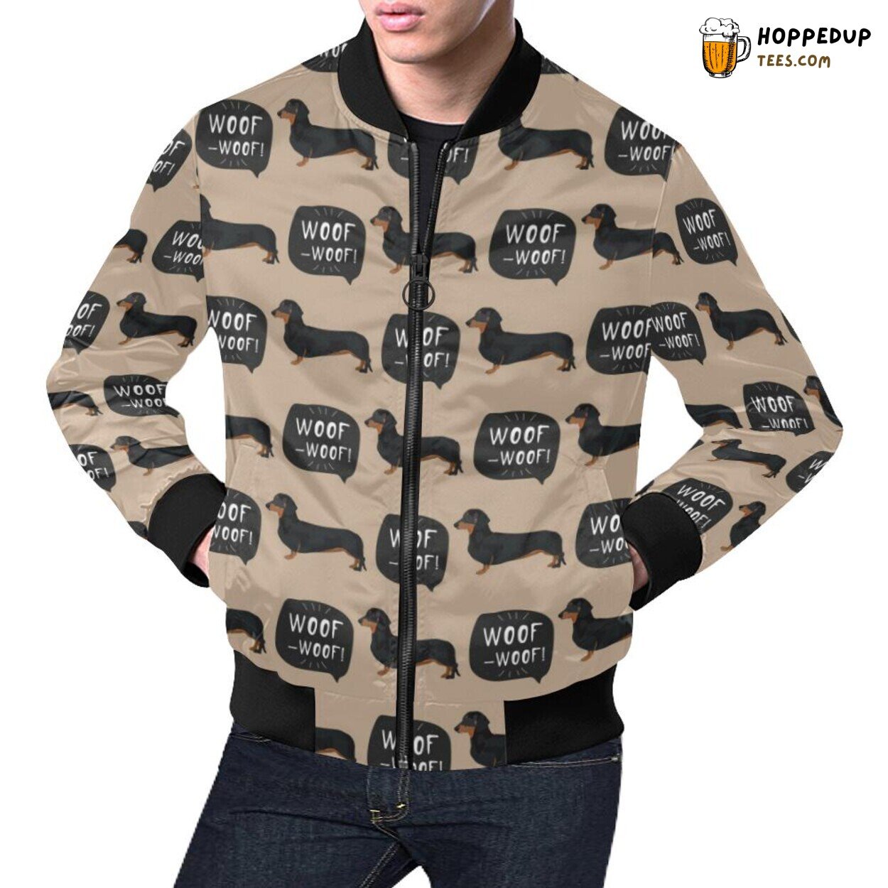 Wiener Dog Dachshund Woof Woof Pattern Men’s Bomber Jacket Unique Design Wiener Dog Dachshund Woof Woof Pattern Men’s Bomber Jacket Unique Design