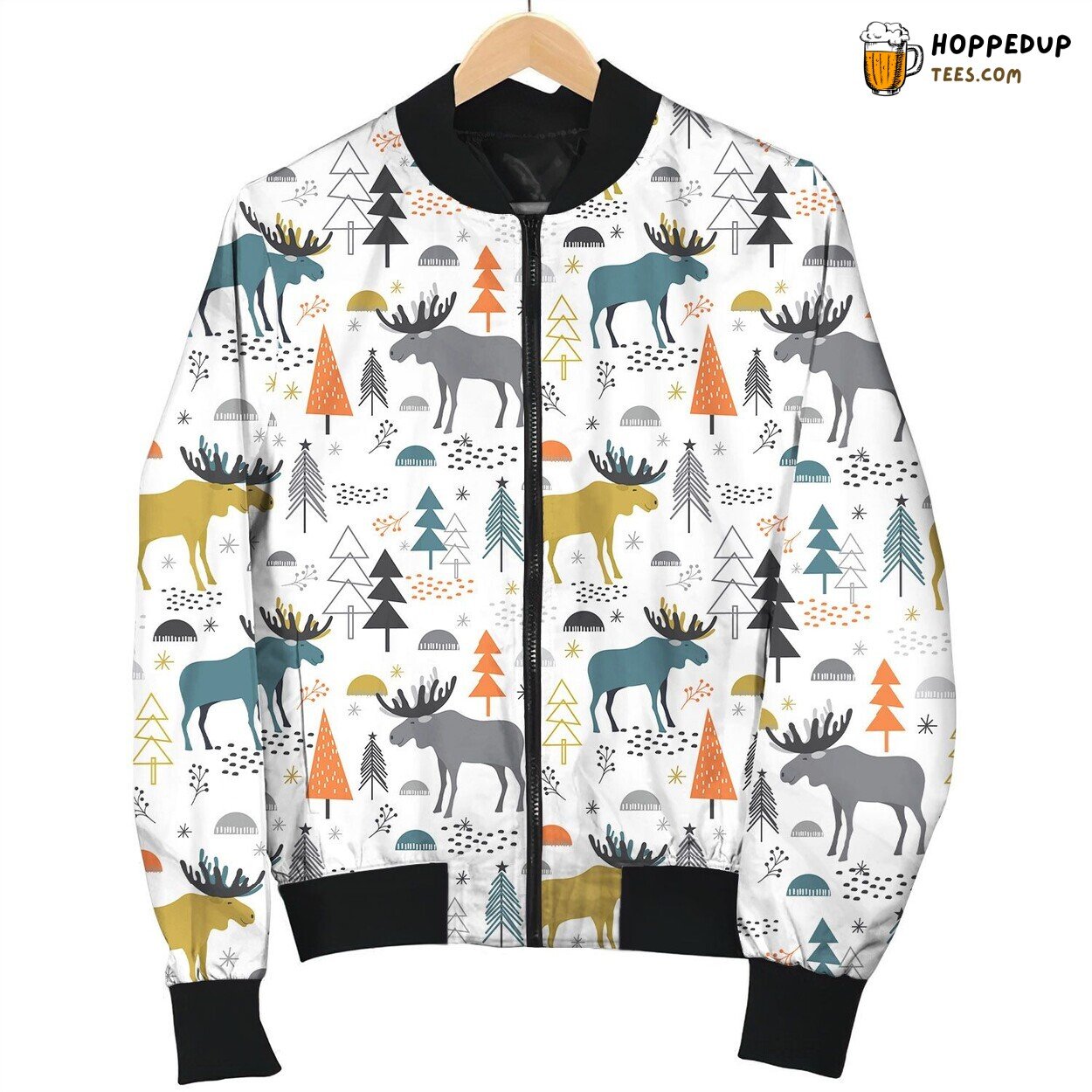 Wild Big Moose And Nature Texture Pattern Bomber Jacket