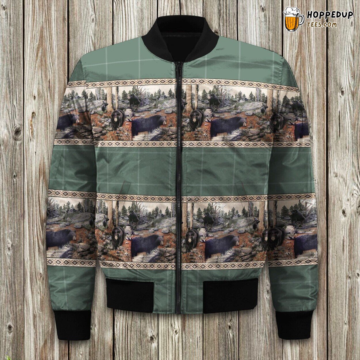 Wild Nature Black Bear Print Winter Bomber Jacket Forest Elegance Statement