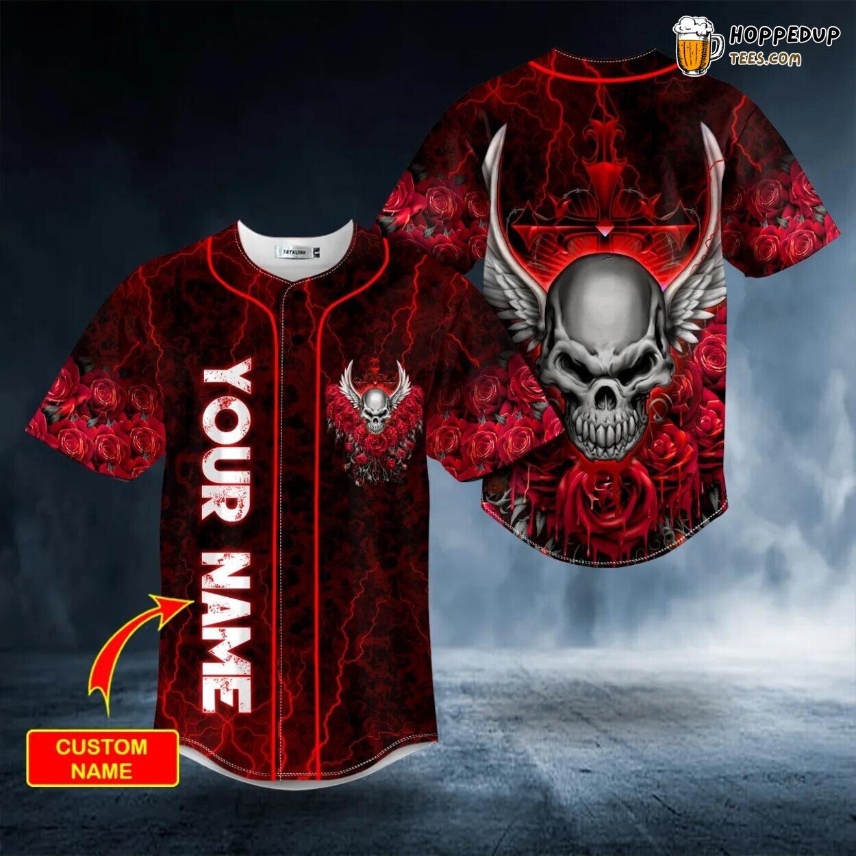 Winged Angel Skull Red Roses Baseball Jersey Unique Design Edition