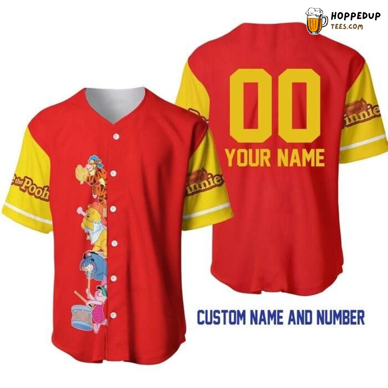 Winnie the Pooh Bright Red Yellow Disney Cartoon Baseball Jersey Joy