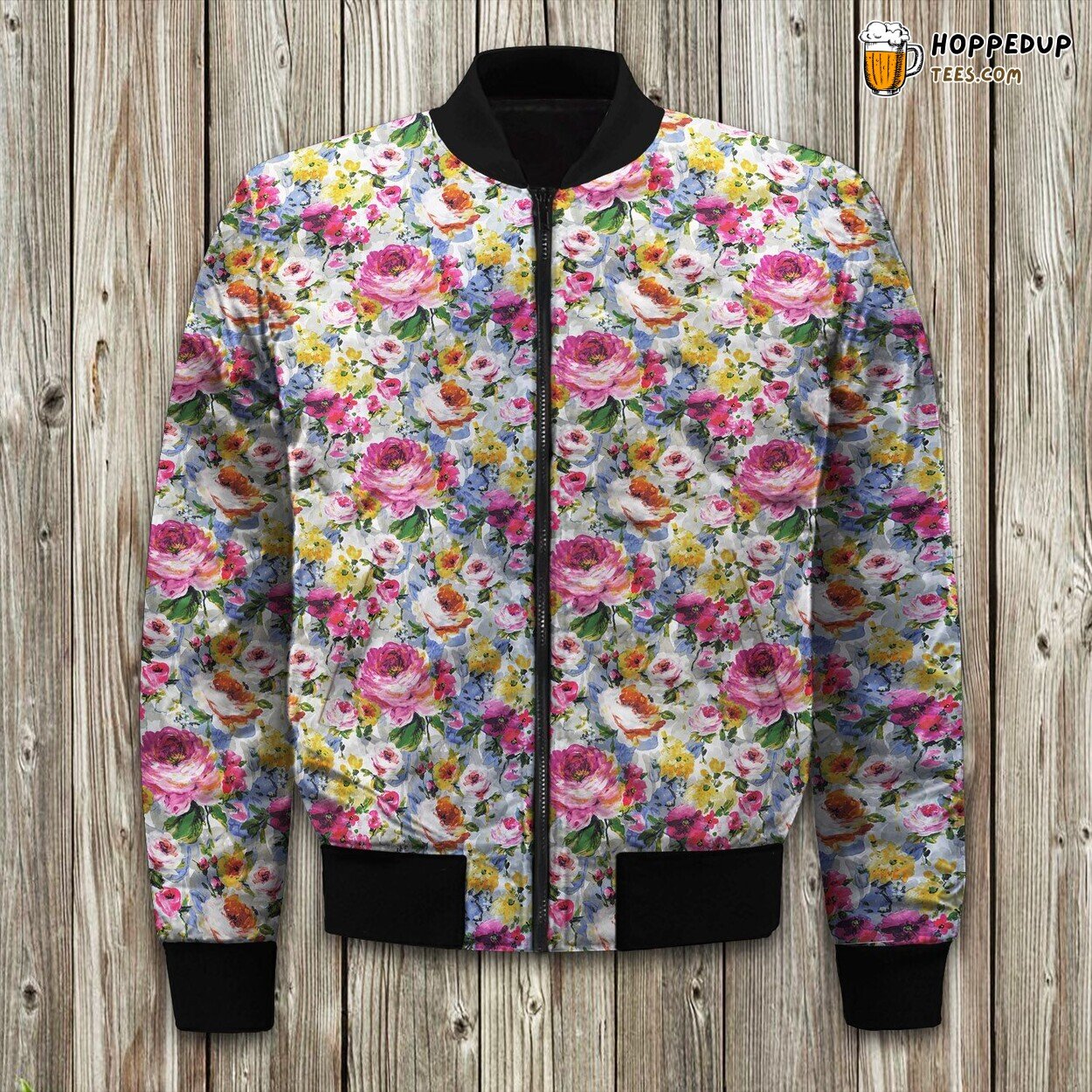 Winter Bomber Jacket Adorned by Classic Flower Design Style