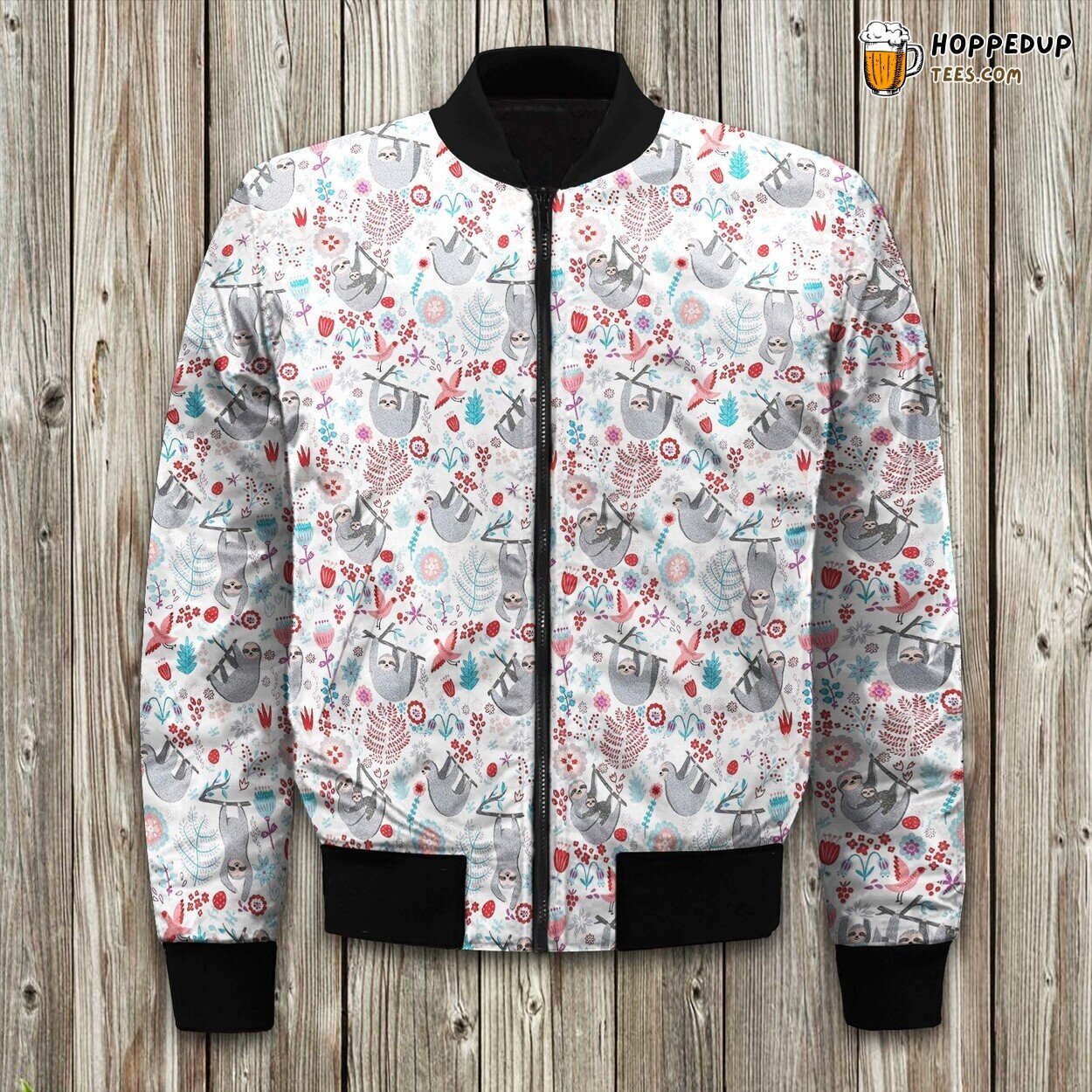 Winter Bomber Jacket Featuring Cute Sloth Print Warm Tailored Design