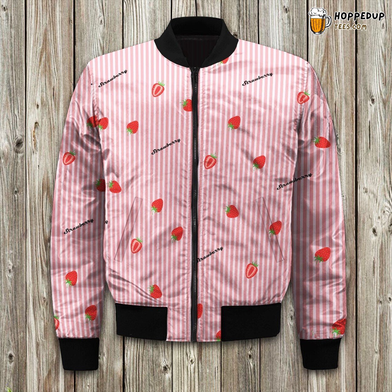 Winter Bomber Jacket Pink Stripe Strawberry Design Unique Fashion Trend
