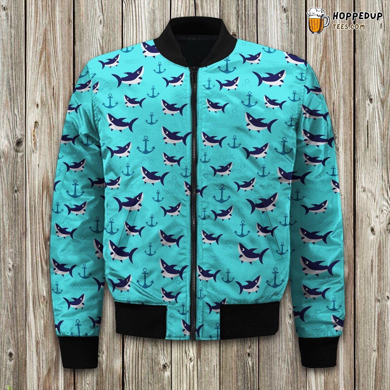 Winter Bomber Jacket Showcasing Anchor Shark Fusion Art