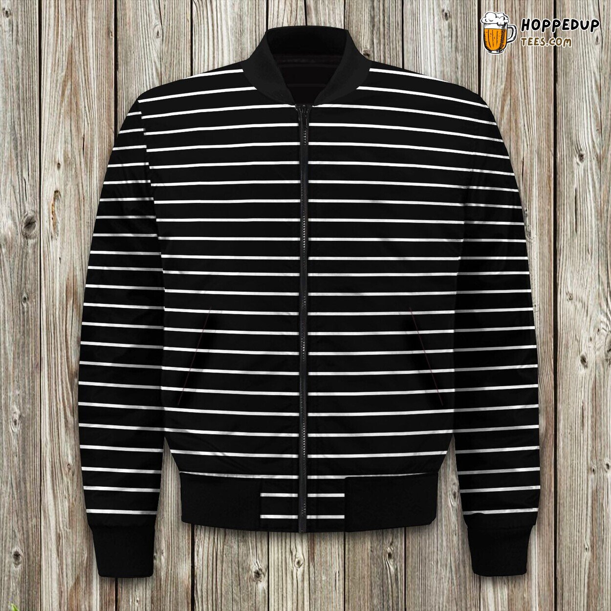 Winter Bomber Jacket Tailored Black White Stripe Unique Style Detail